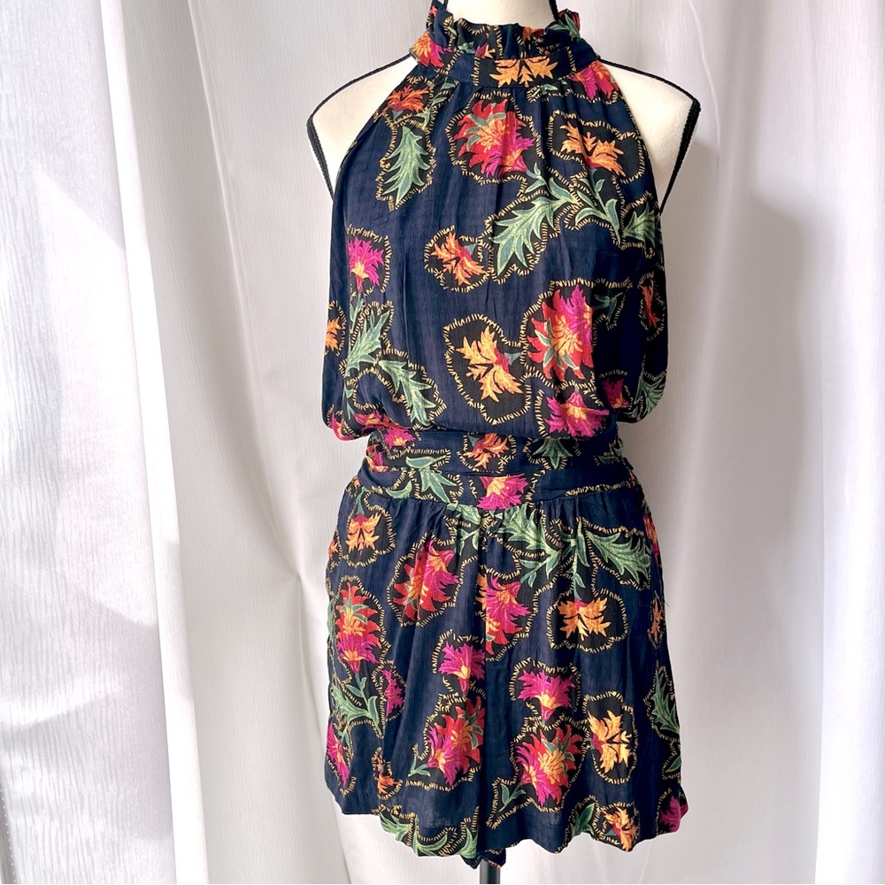Rachel Zoe High Neck Tropical Romper, Navy/Pink, Size M